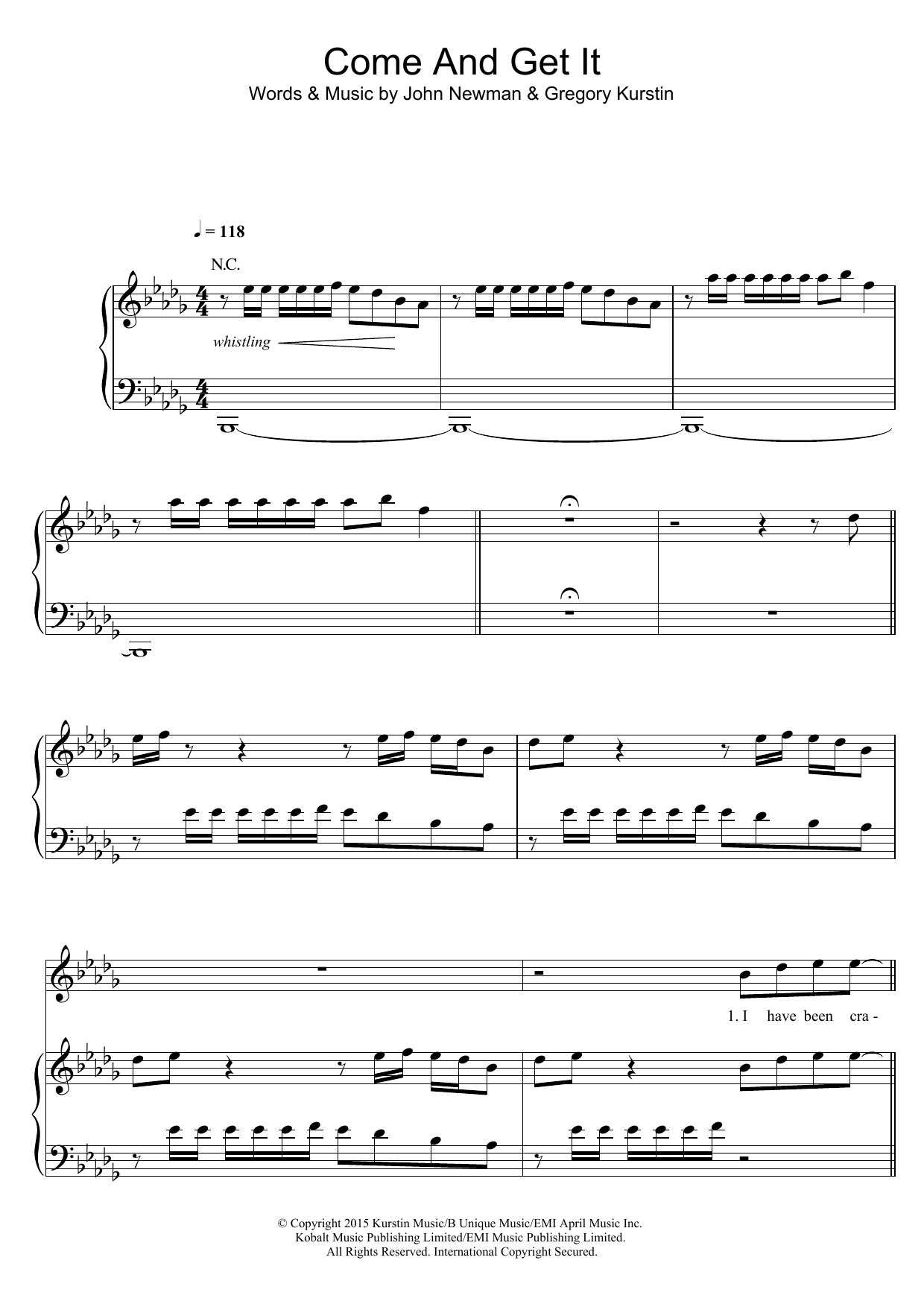 Download John Newman Come And Get It Sheet Music and learn how to play Piano, Vocal & Guitar (Right-Hand Melody) PDF digital score in minutes