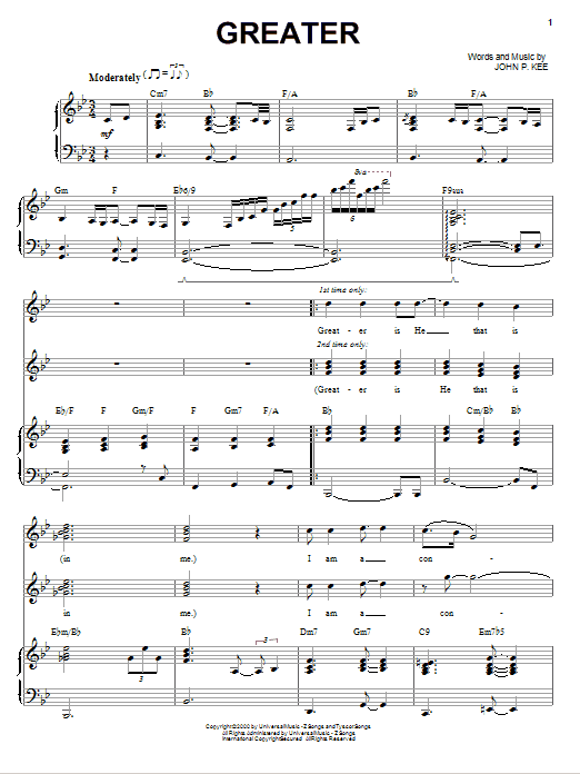 Download John P. Kee Greater Sheet Music and learn how to play Piano, Vocal & Guitar (Right-Hand Melody) PDF digital score in minutes