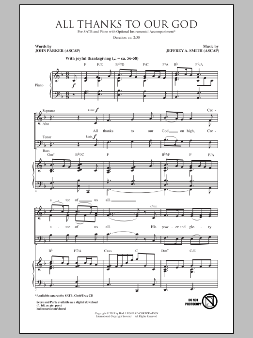 Download Jeffrey A. Smith All Thanks To Our God (arr. John Parker) Sheet Music and learn how to play SATB PDF digital score in minutes