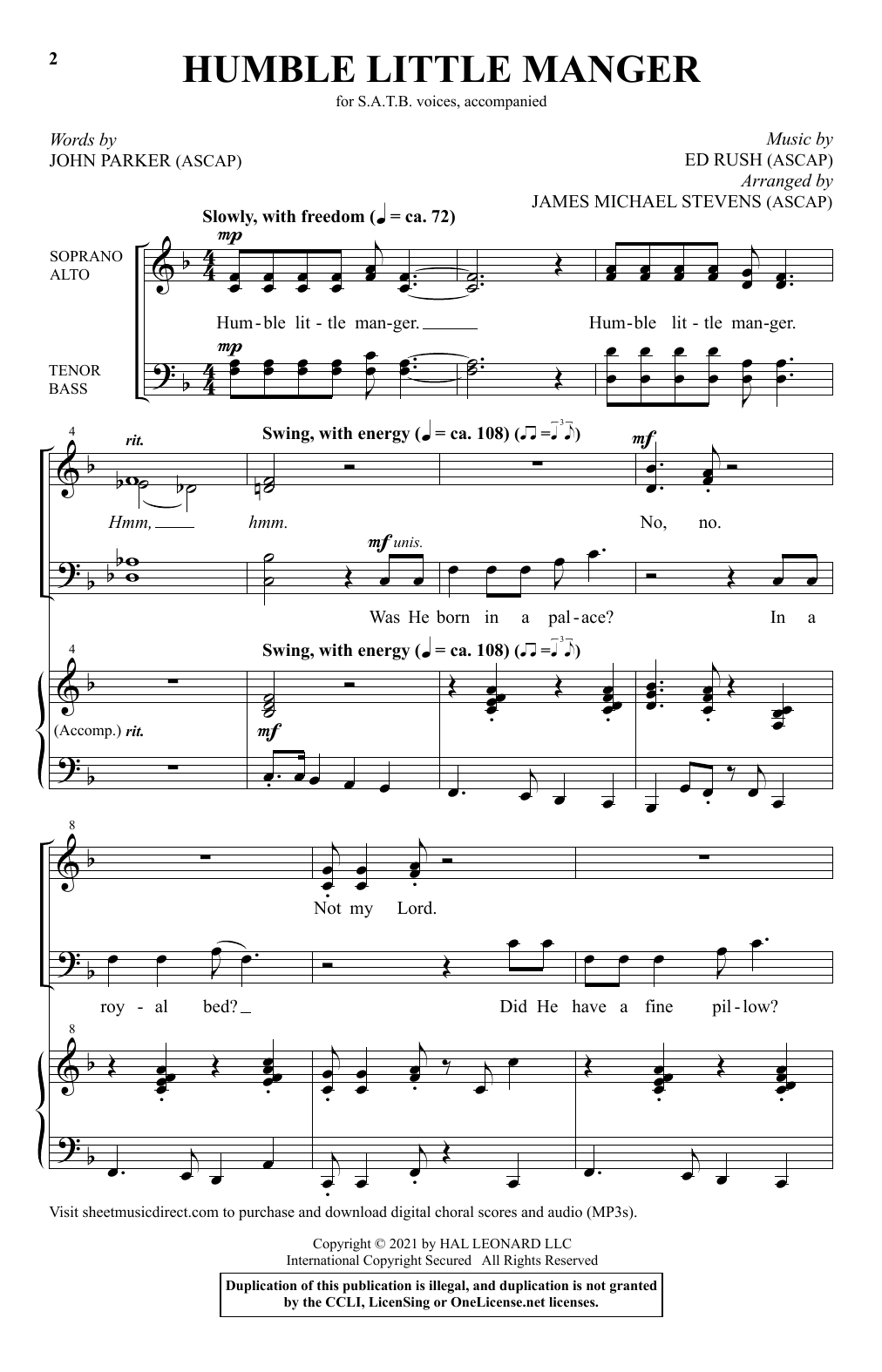 Download John Parker and Ed Rush Humble Little Manger (arr. James Michael Stevens) Sheet Music and learn how to play SATB Choir PDF digital score in minutes