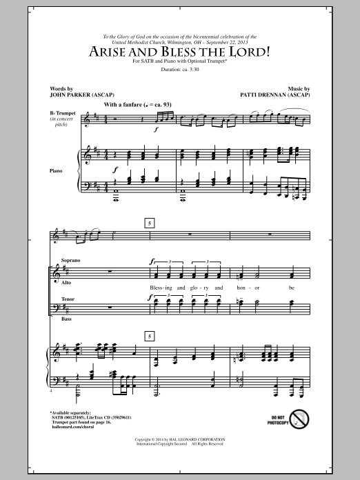 Download Patti Drennan Arise And Bless The Lord! Sheet Music and learn how to play SATB PDF digital score in minutes