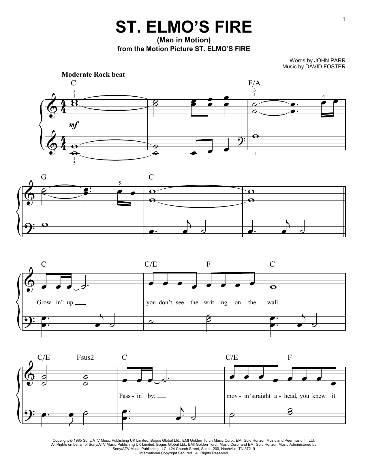 Download John Parr St. Elmo's Fire (Man In Motion) Sheet Music and learn how to play Piano, Vocal & Guitar (Right-Hand Melody) PDF digital score in minutes