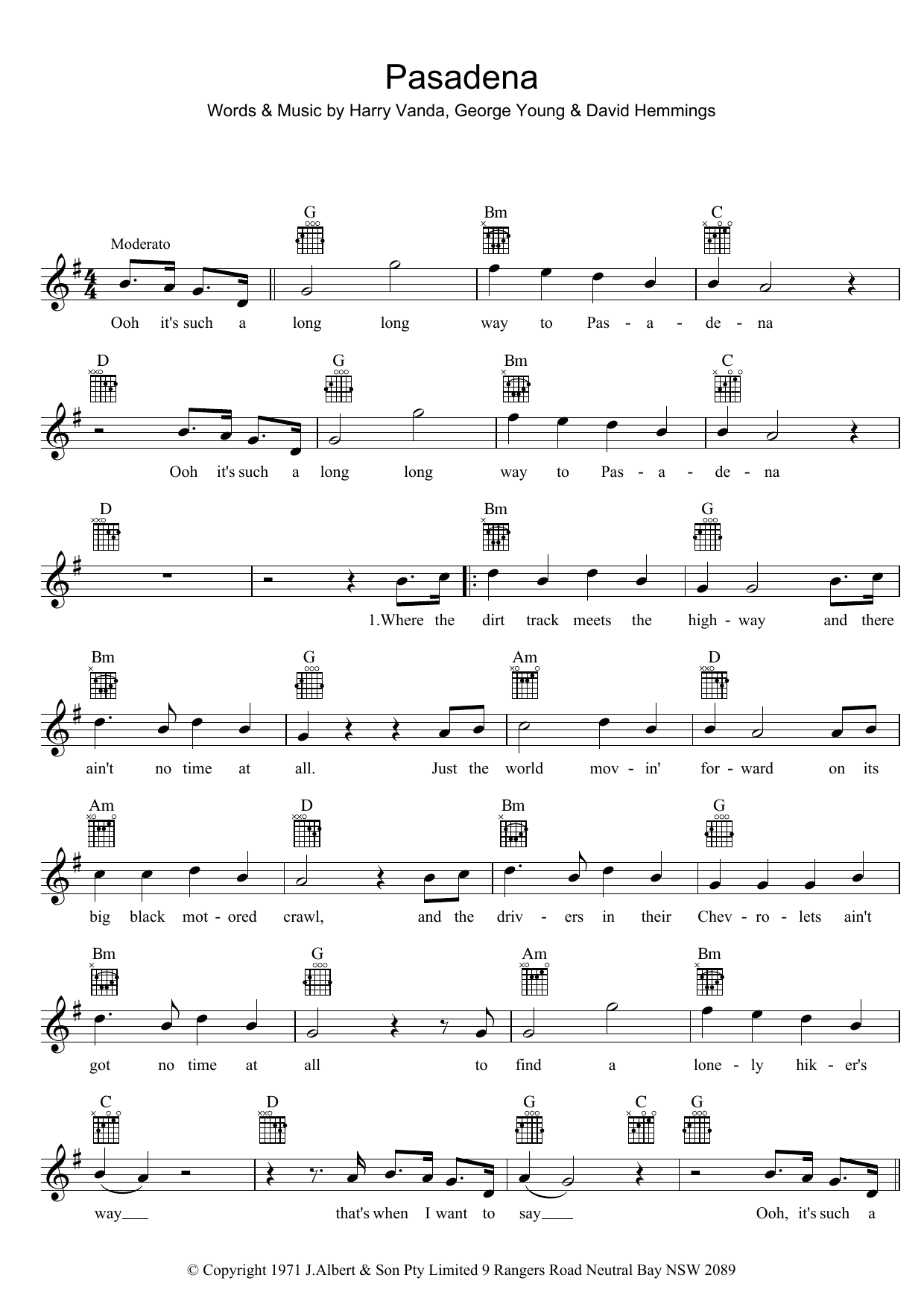 Download John Paul Young Pasadena Sheet Music and learn how to play Melody Line, Lyrics & Chords PDF digital score in minutes