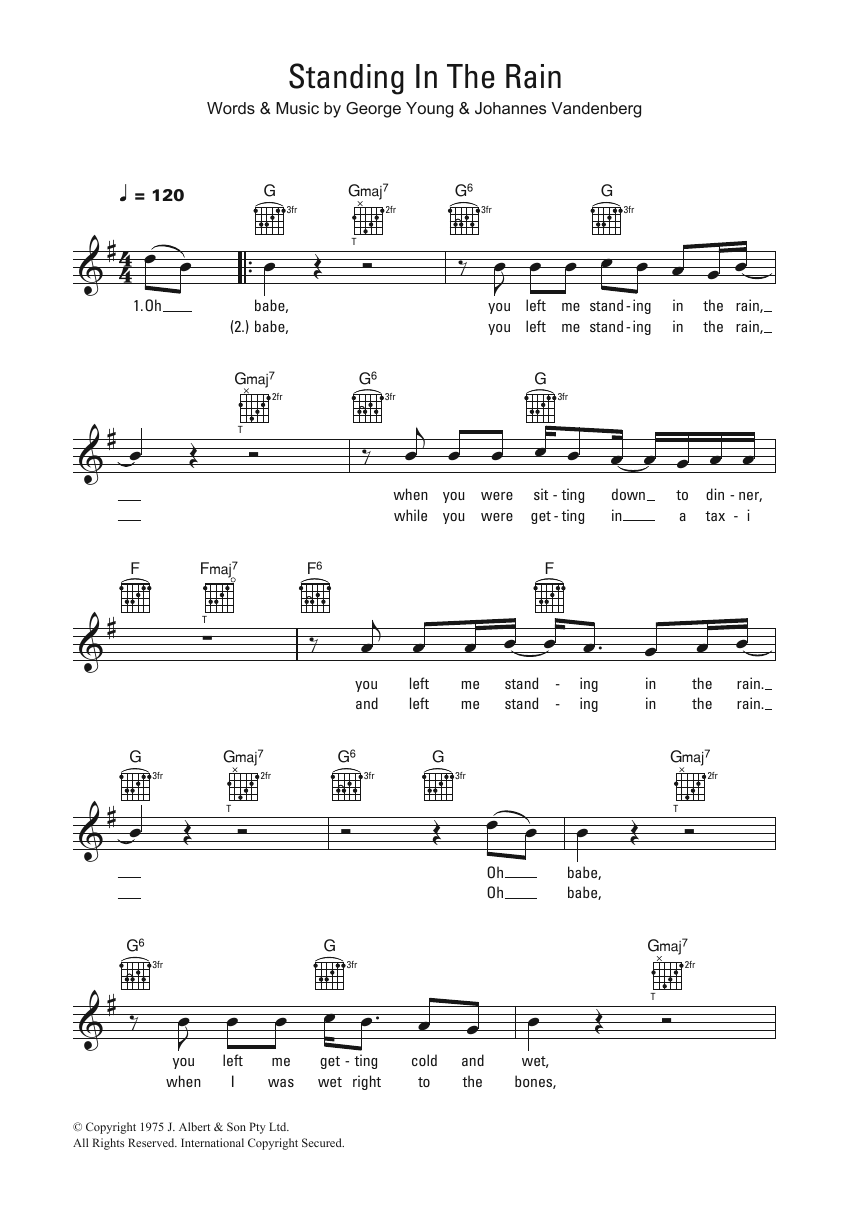 Download John Paul Young Standing In The Rain Sheet Music and learn how to play Melody Line, Lyrics & Chords PDF digital score in minutes