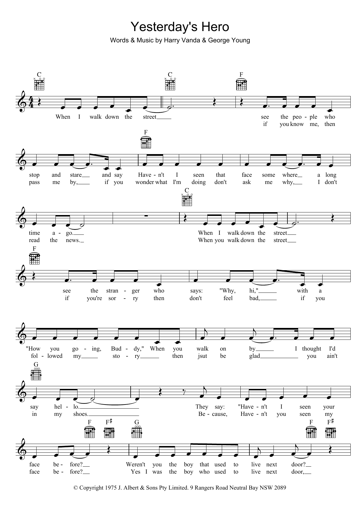 Download John Paul Young Yesterday's Hero Sheet Music and learn how to play Melody Line, Lyrics & Chords PDF digital score in minutes
