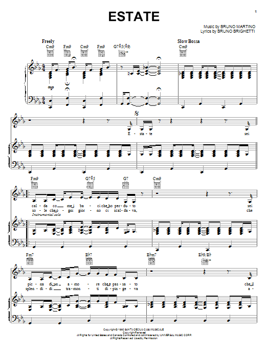 Download John Pizzarelli Estate Sheet Music and learn how to play Piano, Vocal & Guitar (Right-Hand Melody) PDF digital score in minutes