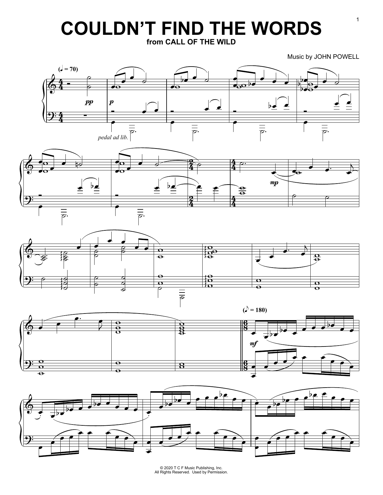 Download John Powell Couldn't Find The Words (from The Call Of The Wild) (arr. Batu Sener) Sheet Music and learn how to play Piano Solo PDF digital score in minutes