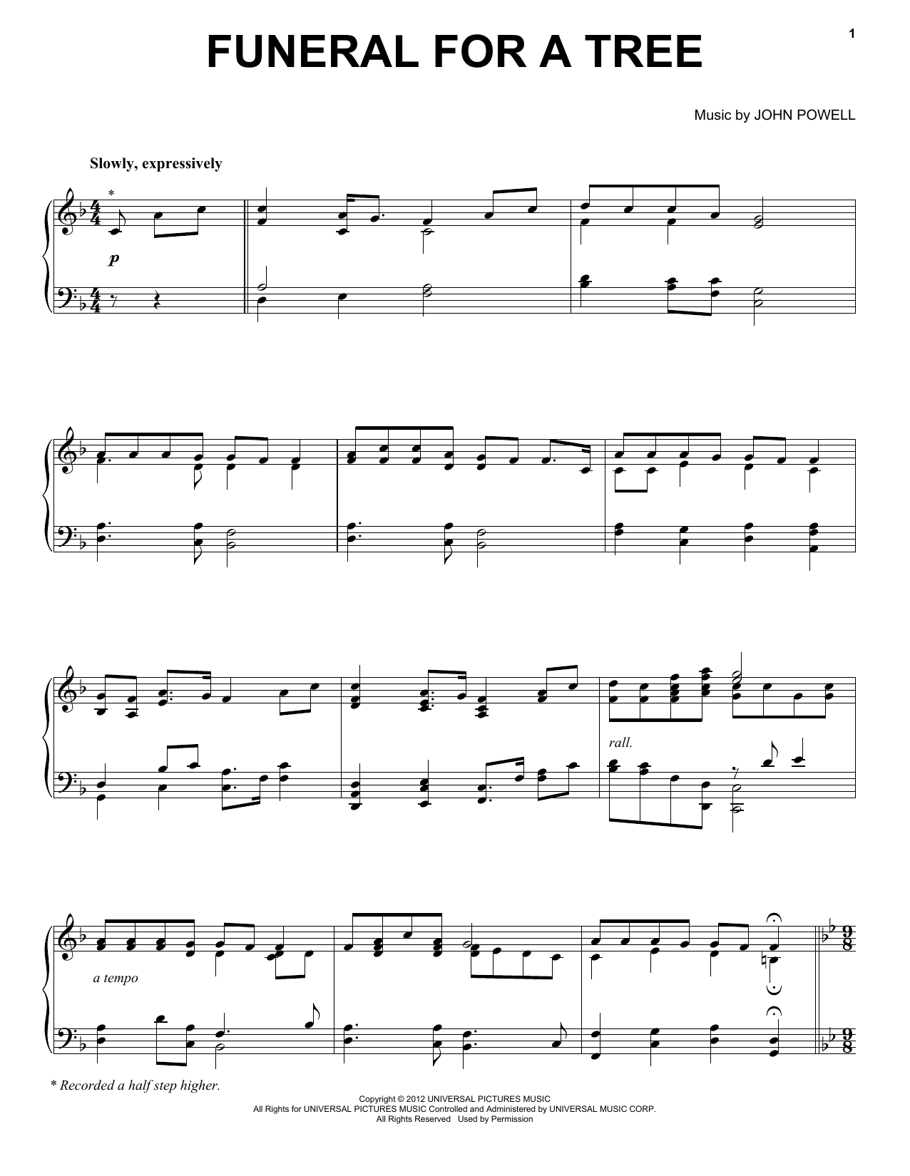 Download John Powell Funeral For A Tree Sheet Music and learn how to play Piano, Vocal & Guitar (Right-Hand Melody) PDF digital score in minutes