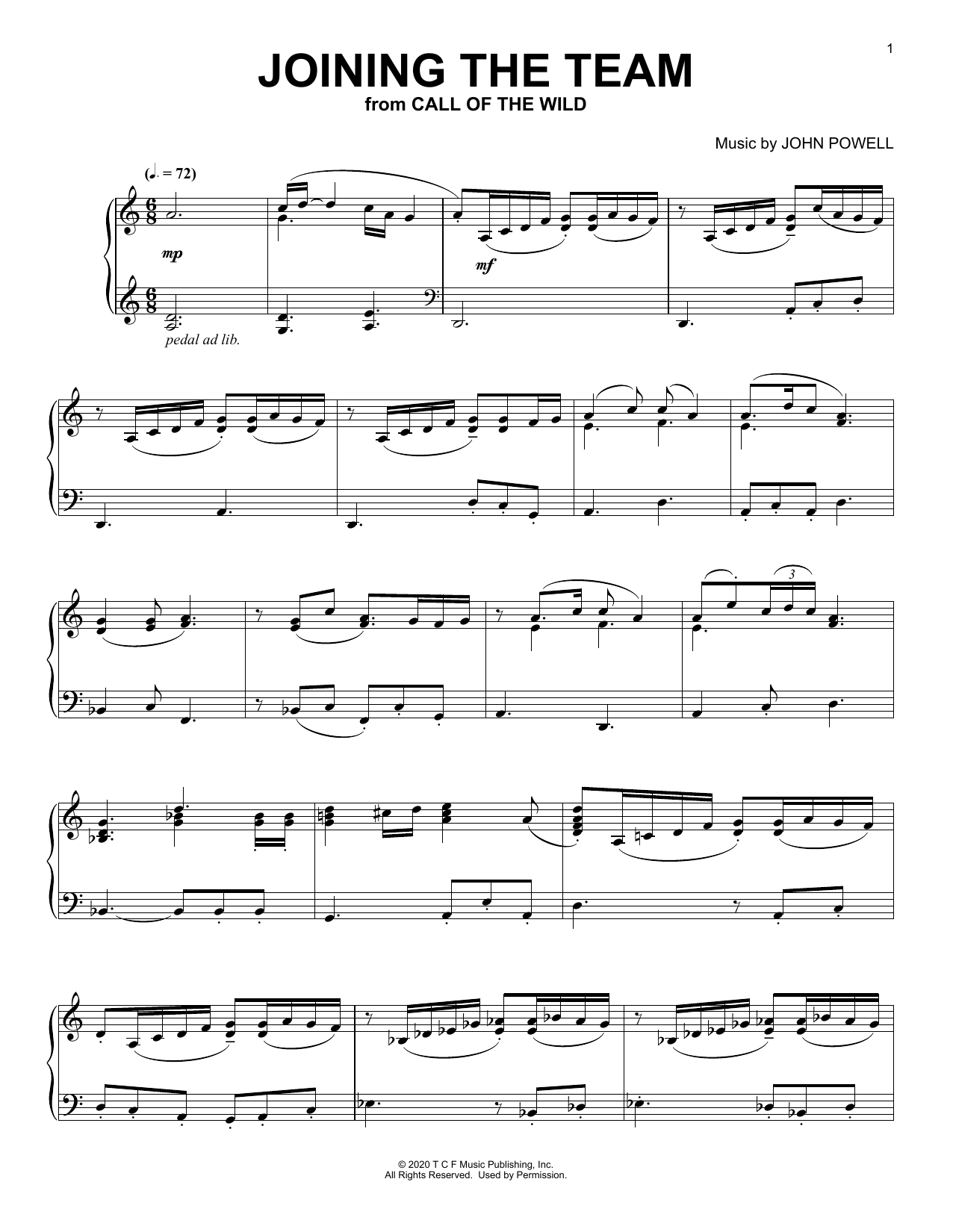 Download John Powell Joining The Team (from The Call Of The Wild) (arr. Batu Sener) Sheet Music and learn how to play Piano Solo PDF digital score in minutes