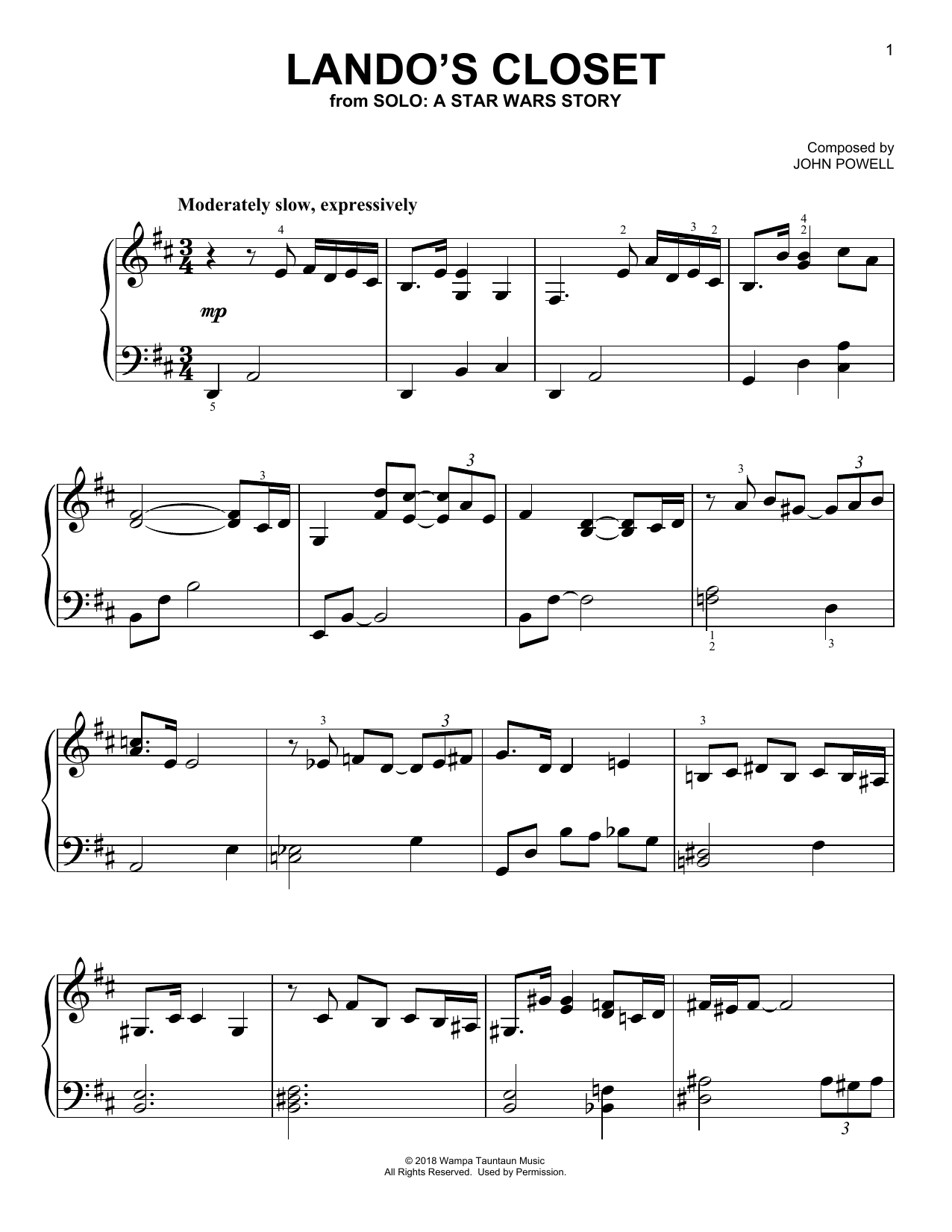 Download John Powell Lando's Closet (from Solo: A Star Wars Story) Sheet Music and learn how to play Piano Solo PDF digital score in minutes