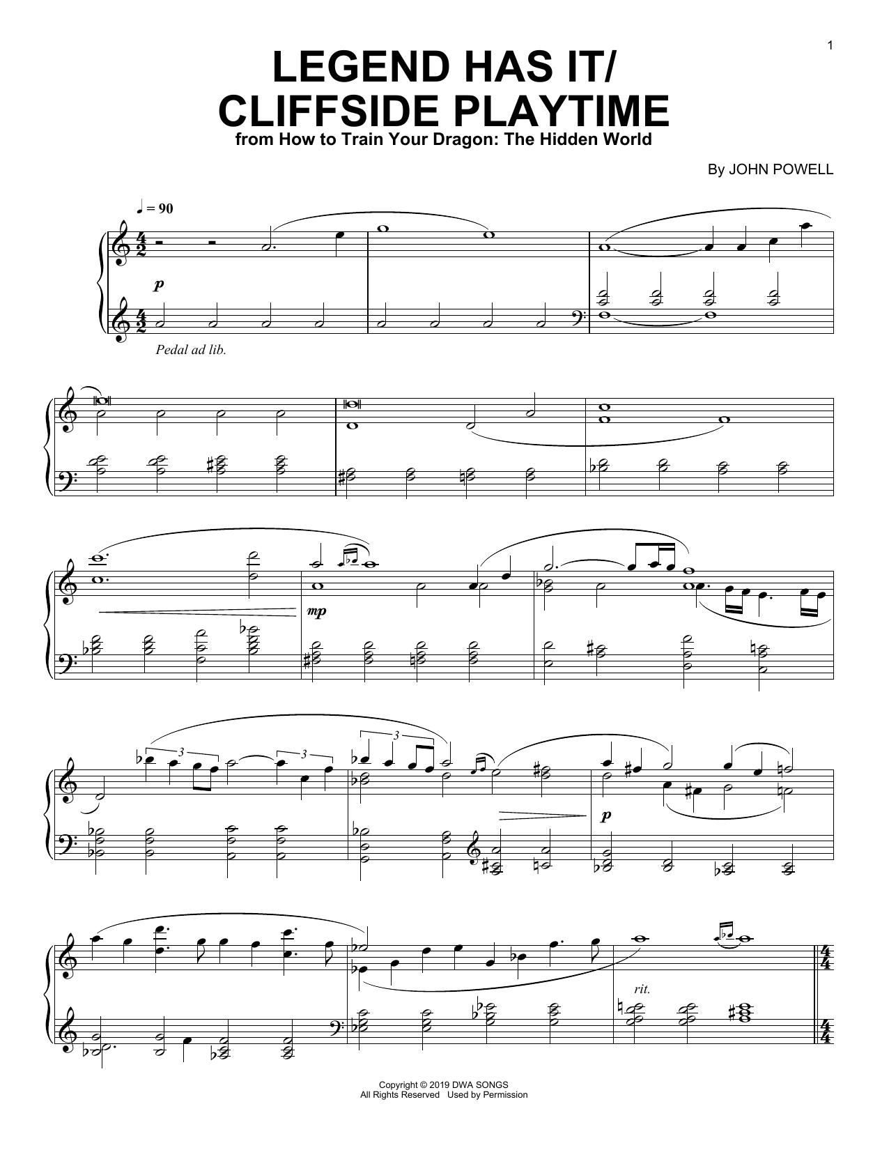 Download John Powell Legend Has It/Cliffside Playtime (from How to Train Your Dragon: The Hidden Worl Sheet Music and learn how to play Piano Solo PDF digital score in minutes