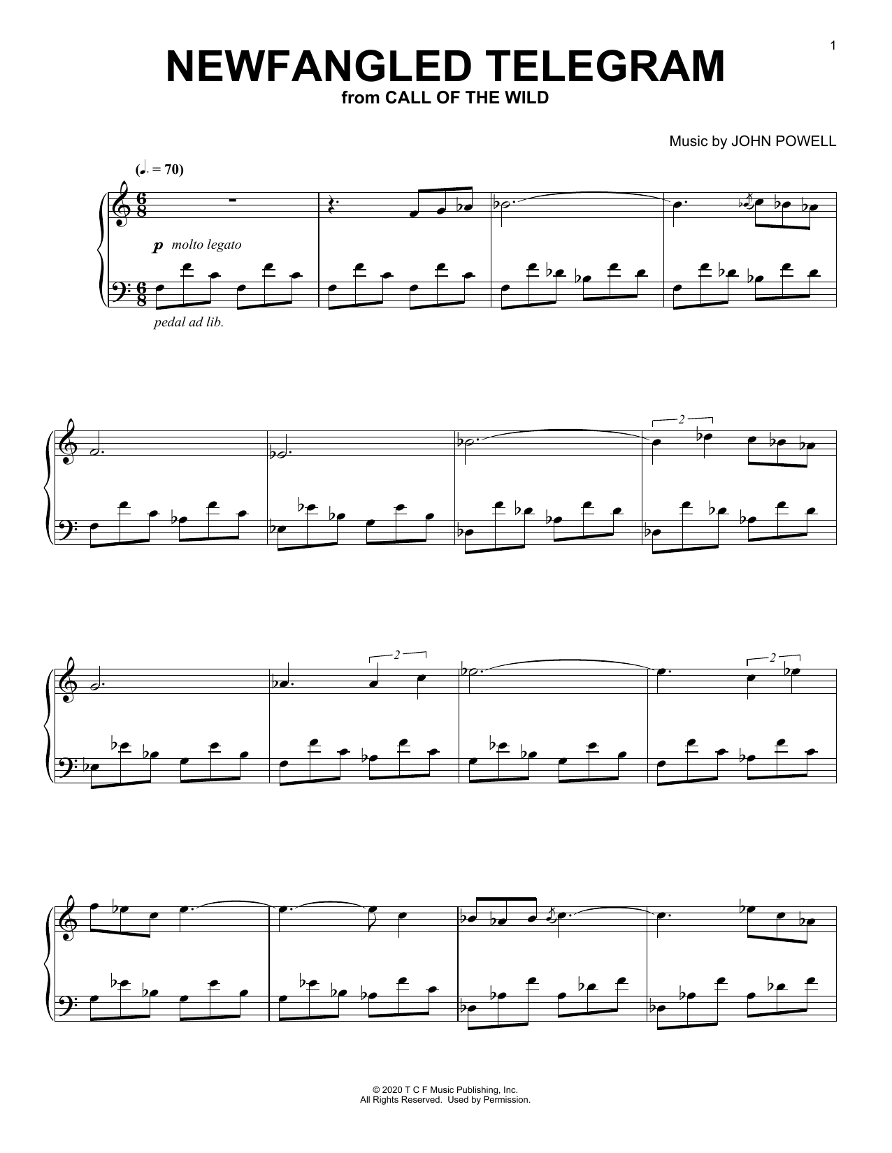 Download John Powell Newfangled Telegram (from The Call Of The Wild) (arr. Batu Sener) Sheet Music and learn how to play Piano Solo PDF digital score in minutes
