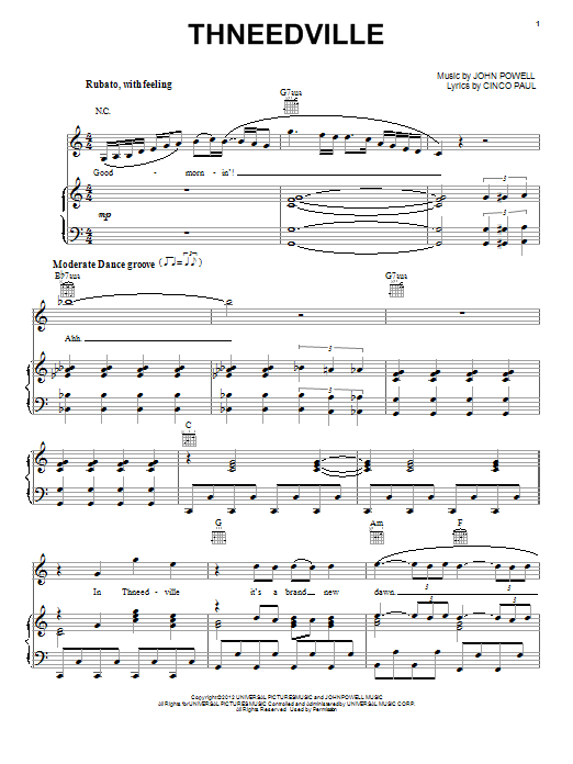 Download John Powell Thneedville Sheet Music and learn how to play Piano, Vocal & Guitar (Right-Hand Melody) PDF digital score in minutes