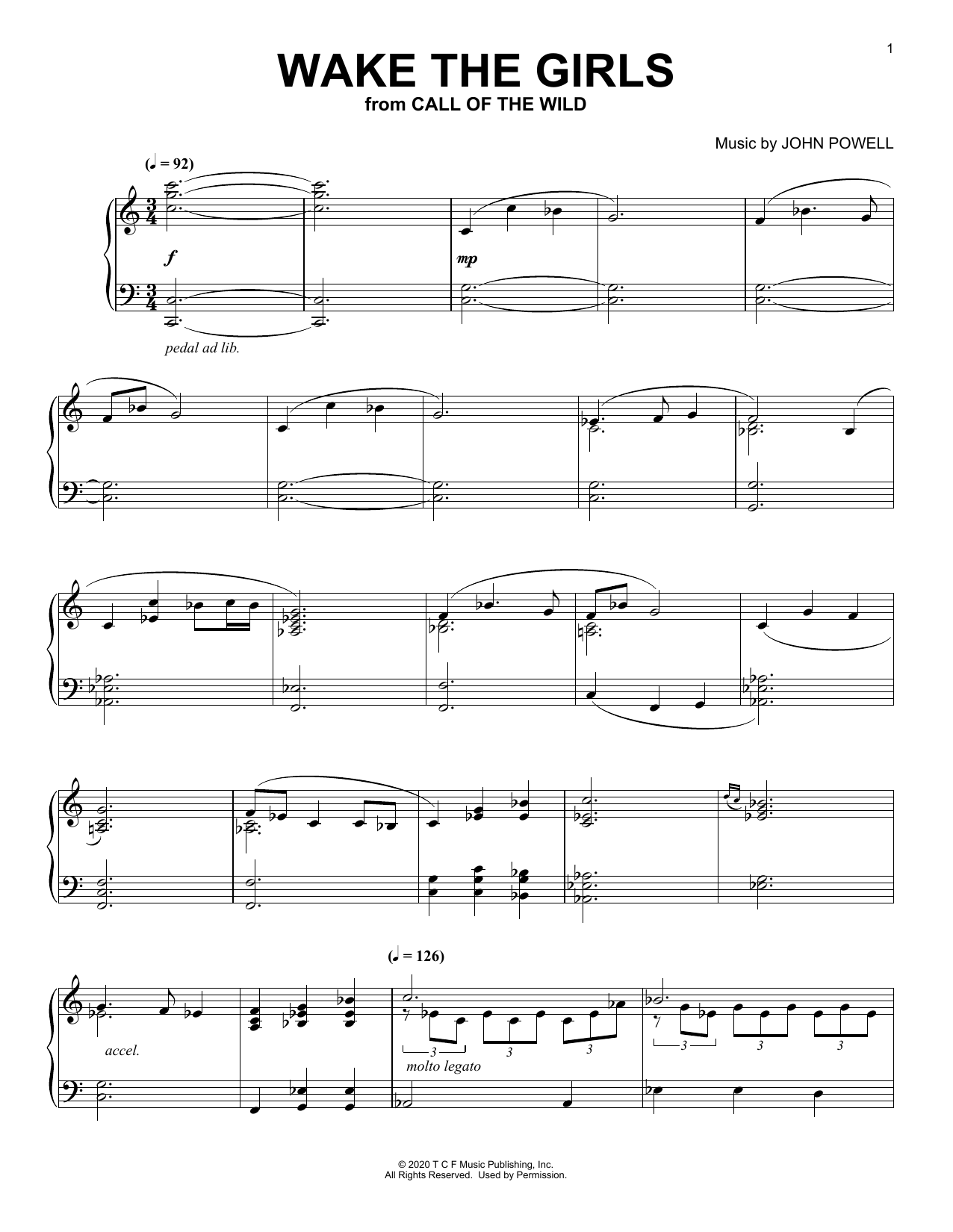 Download John Powell Wake The Girls (from The Call Of The Wild) (arr. Batu Sener) Sheet Music and learn how to play Piano Solo PDF digital score in minutes