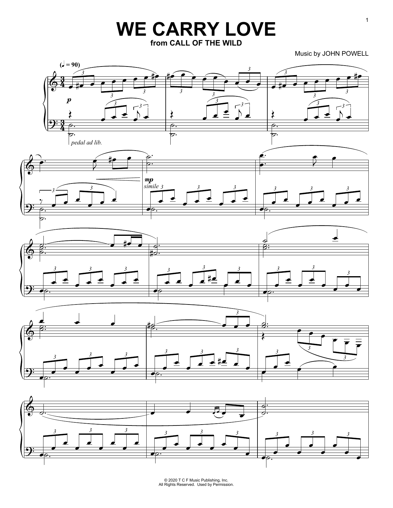 Download John Powell We Carry Love (from The Call Of The Wild) (arr. Batu Sener) Sheet Music and learn how to play Piano Solo PDF digital score in minutes