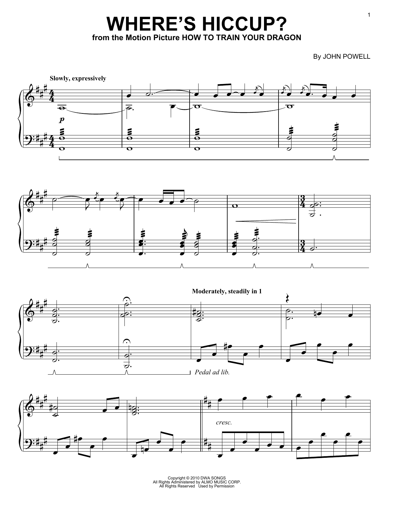 Download John Powell Where's Hiccup? Sheet Music and learn how to play Piano PDF digital score in minutes