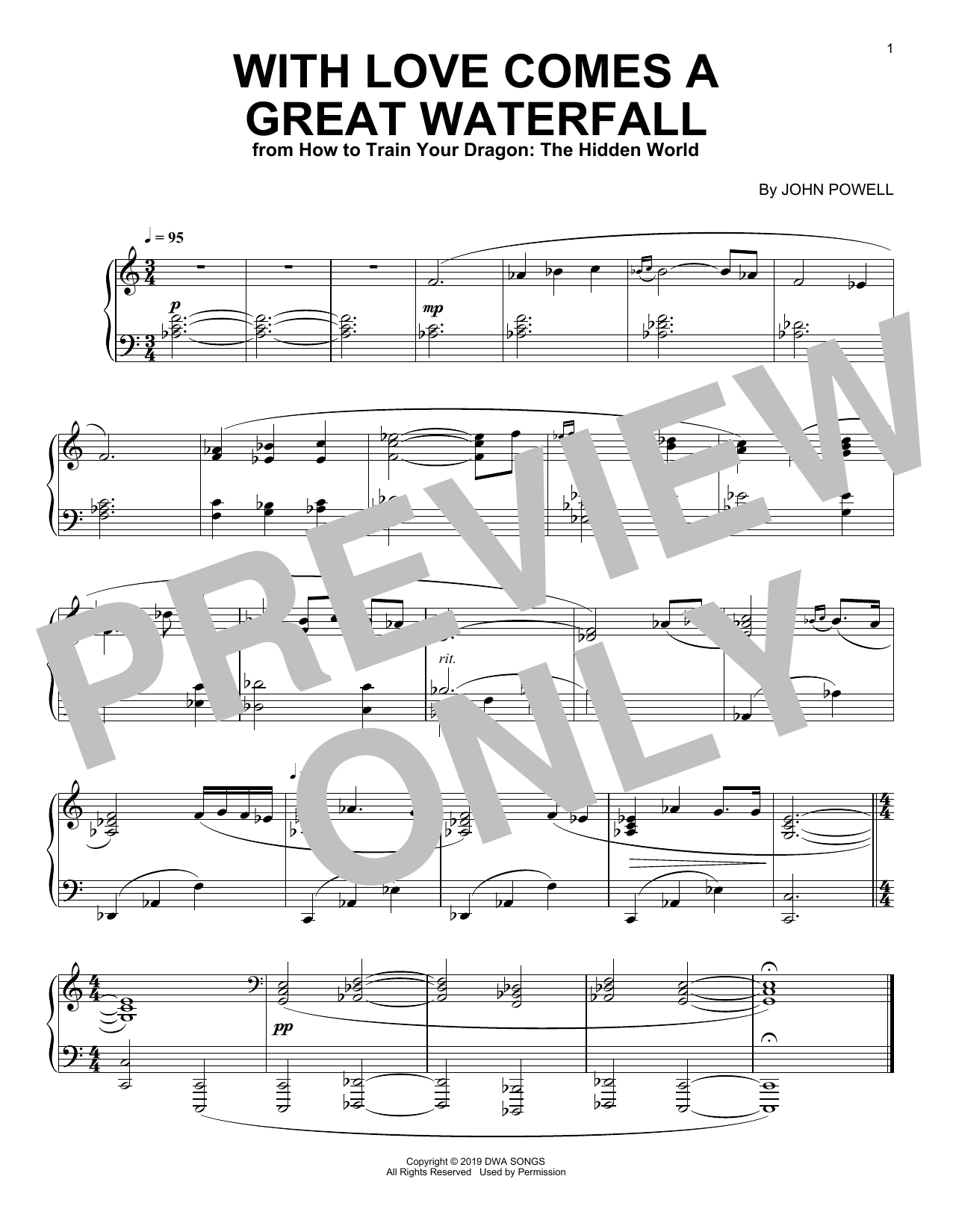 Download John Powell With Love Comes A Great Waterfall (from How to Train Your Dragon: The Hidden Wor Sheet Music and learn how to play Piano Solo PDF digital score in minutes