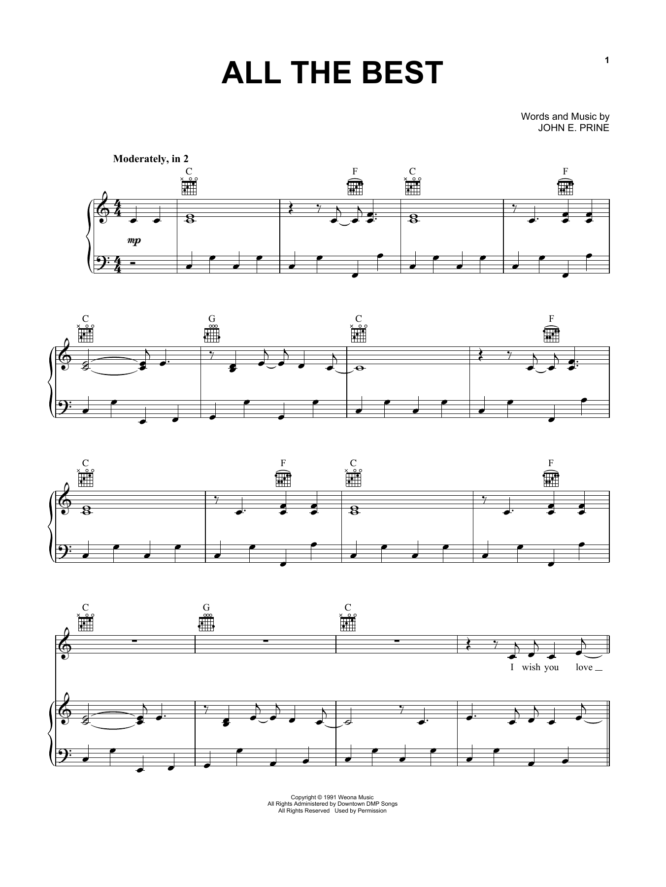 Download John Prine All The Best Sheet Music and learn how to play Piano, Vocal & Guitar Chords (Right-Hand Melody) PDF digital score in minutes