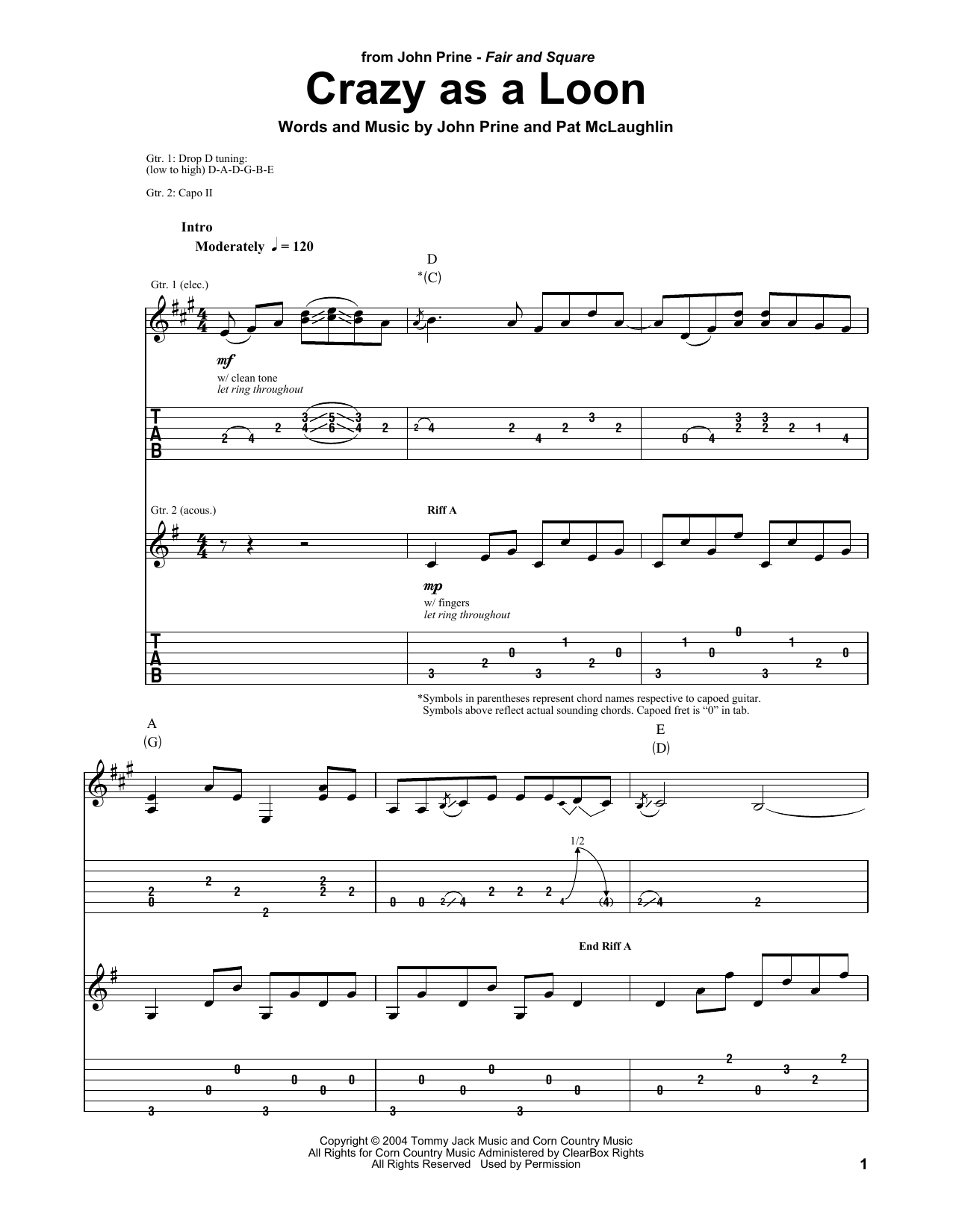 Download John Prine Crazy As A Loon Sheet Music and learn how to play Guitar Tab PDF digital score in minutes