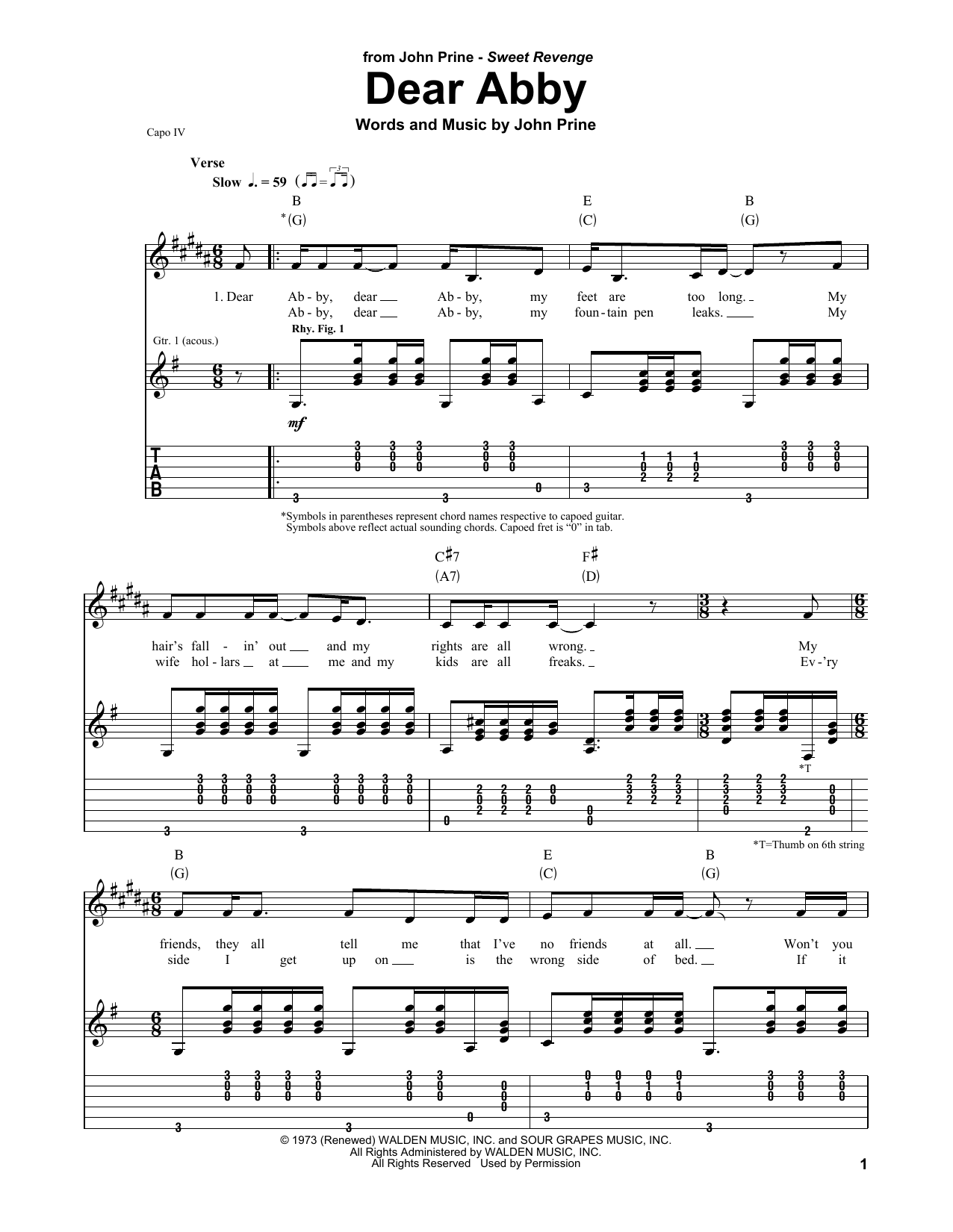 Download John Prine Dear Abby Sheet Music and learn how to play Guitar Tab PDF digital score in minutes