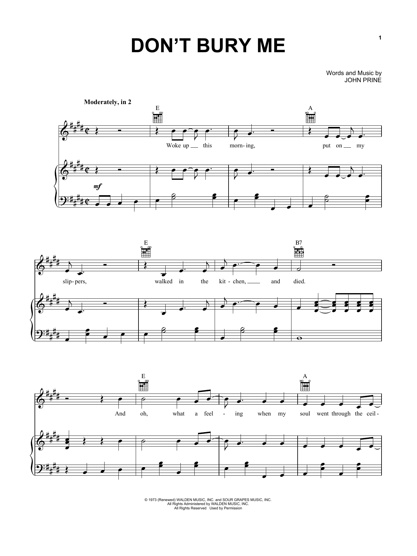 Download John Prine Don't Bury Me Sheet Music and learn how to play Piano, Vocal & Guitar Chords (Right-Hand Melody) PDF digital score in minutes