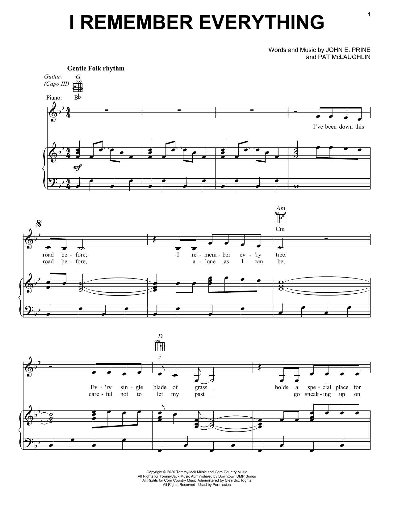 Download John Prine I Remember Everything Sheet Music and learn how to play Piano, Vocal & Guitar Chords (Right-Hand Melody) PDF digital score in minutes