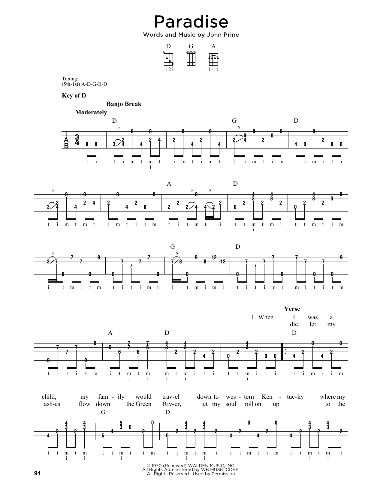 Download John Prine Paradise Sheet Music and learn how to play Ukulele PDF digital score in minutes
