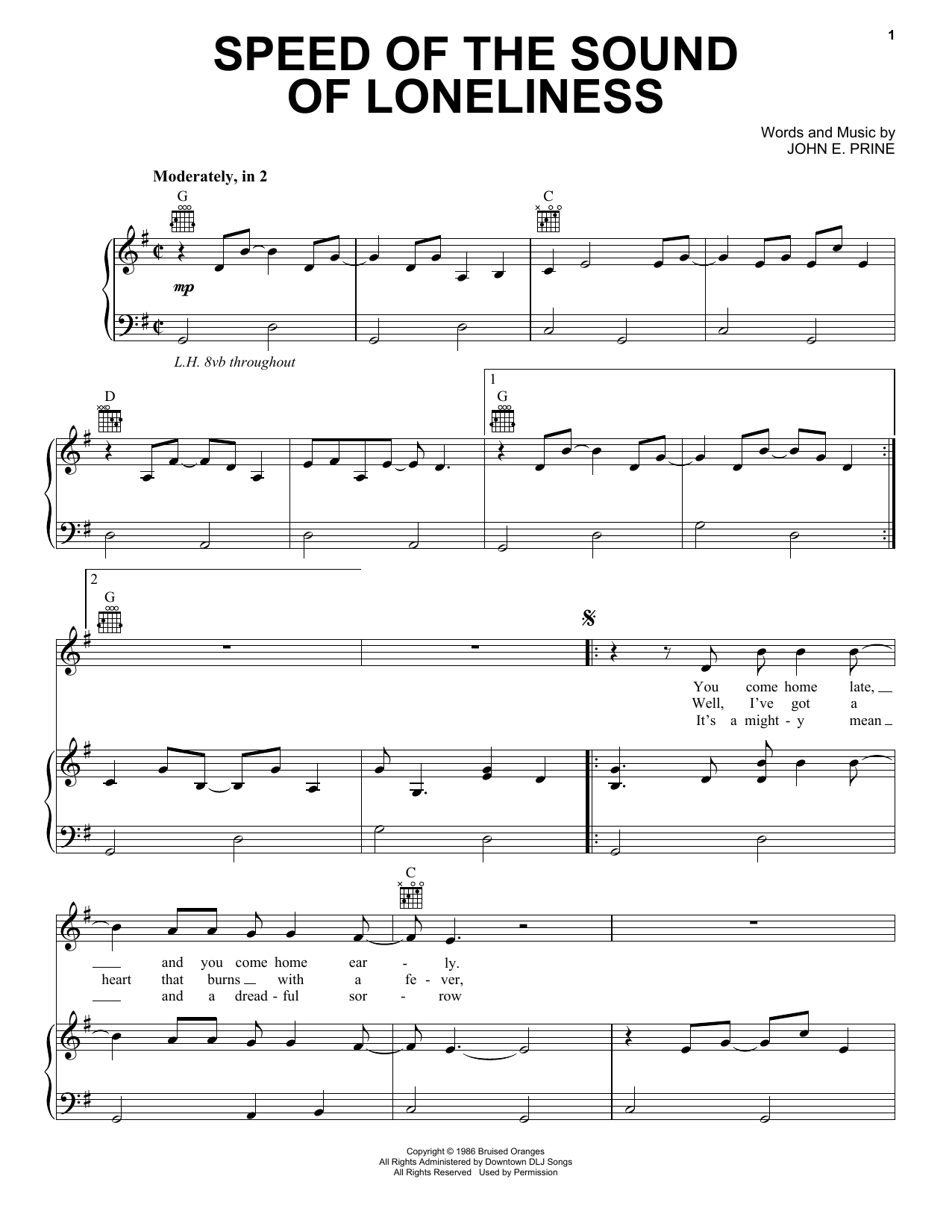 Download John Prine Speed Of The Sound Of Loneliness Sheet Music and learn how to play Piano, Vocal & Guitar Chords (Right-Hand Melody) PDF digital score in minutes