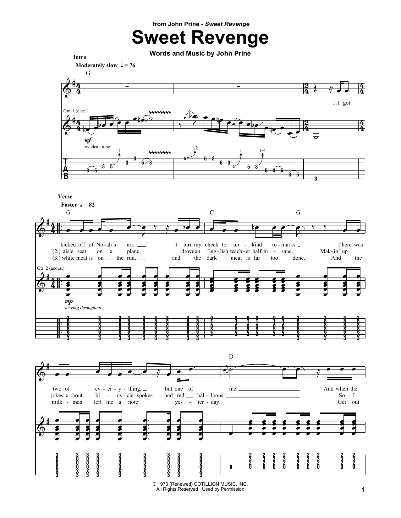 Download John Prine Sweet Revenge Sheet Music and learn how to play Guitar Tab PDF digital score in minutes