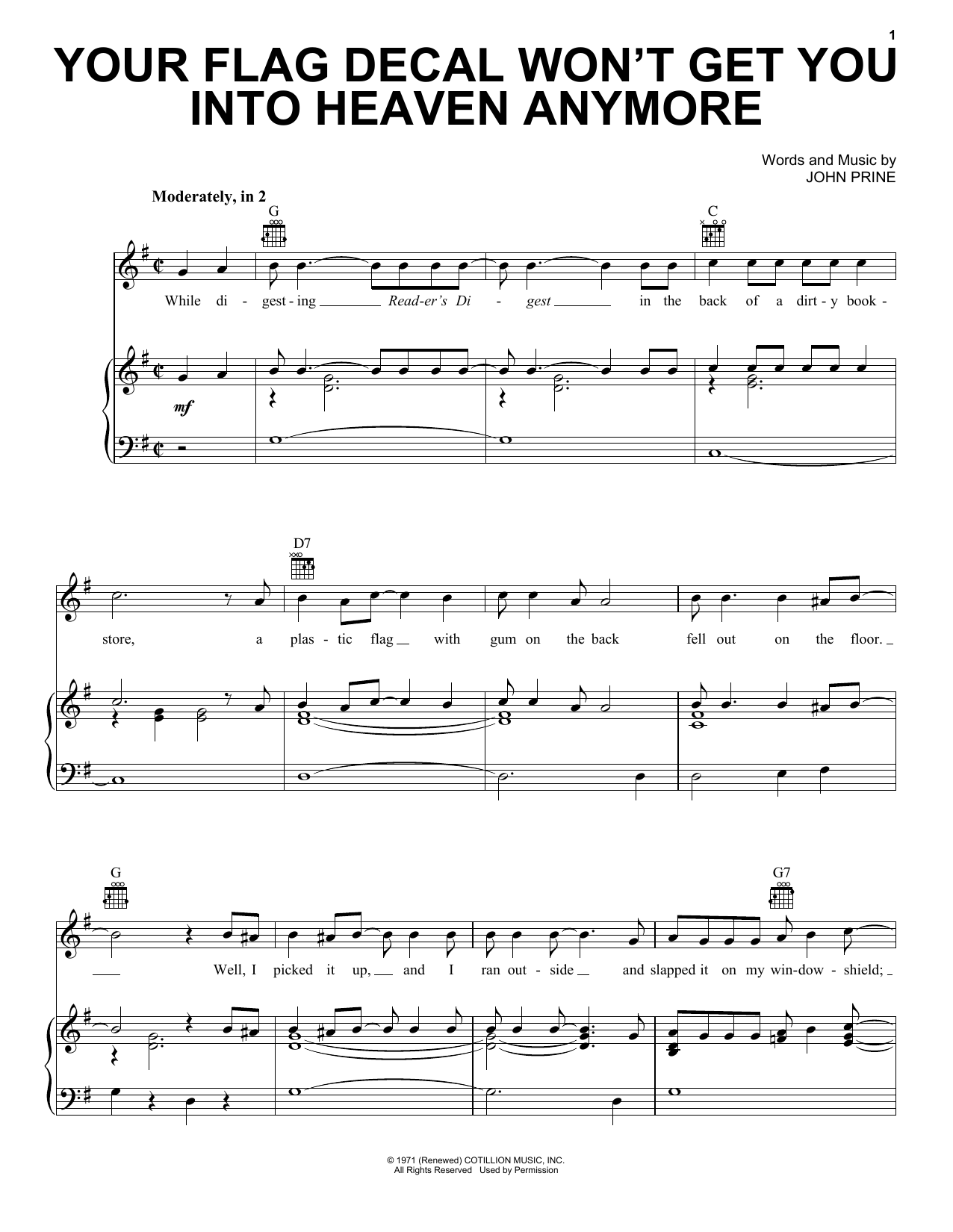 Download John Prine Your Flag Decal Won't Get You Into Heaven Anymore Sheet Music and learn how to play Piano, Vocal & Guitar Chords (Right-Hand Melody) PDF digital score in minutes