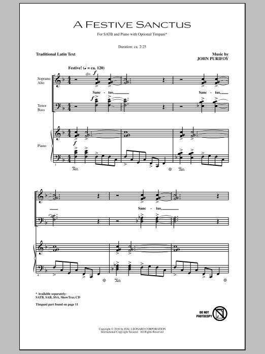 Download John Purifoy A Festive Sanctus Sheet Music and learn how to play SAB Choir PDF digital score in minutes