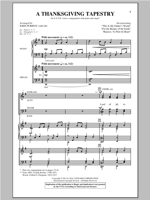 Download John Purifoy A Thanksgiving Tapestry Sheet Music and learn how to play SATB PDF digital score in minutes