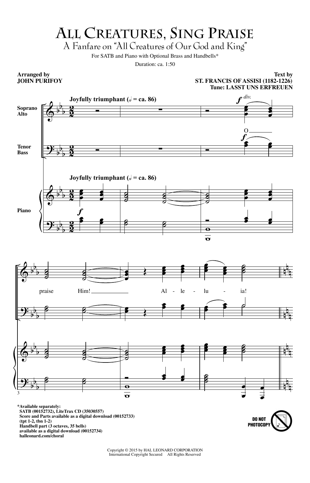 Download Traditional All Creatures, Sing Praise (arr. John Purifoy) Sheet Music and learn how to play SATB PDF digital score in minutes