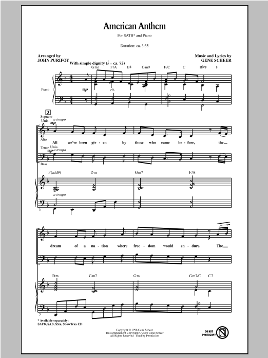 Download Gene Scheer American Anthem (arr. John Purifoy) Sheet Music and learn how to play SATB PDF digital score in minutes