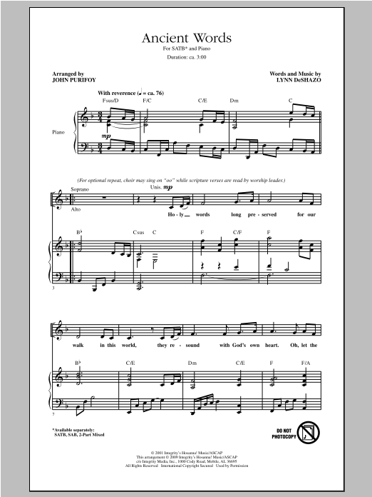 Download John Purifoy Ancient Words Sheet Music and learn how to play 2-Part Choir PDF digital score in minutes