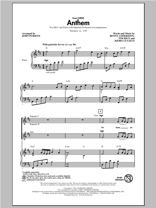 Download John Purifoy Anthem (from Chess) Sheet Music and learn how to play SSA PDF digital score in minutes