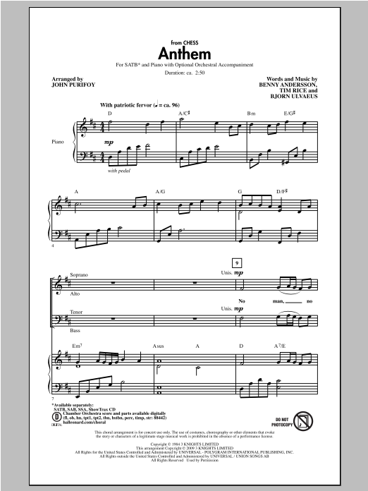 Download Andersson and Ulvaeus Anthem (from Chess) (arr. John Purifoy) Sheet Music and learn how to play SAB PDF digital score in minutes