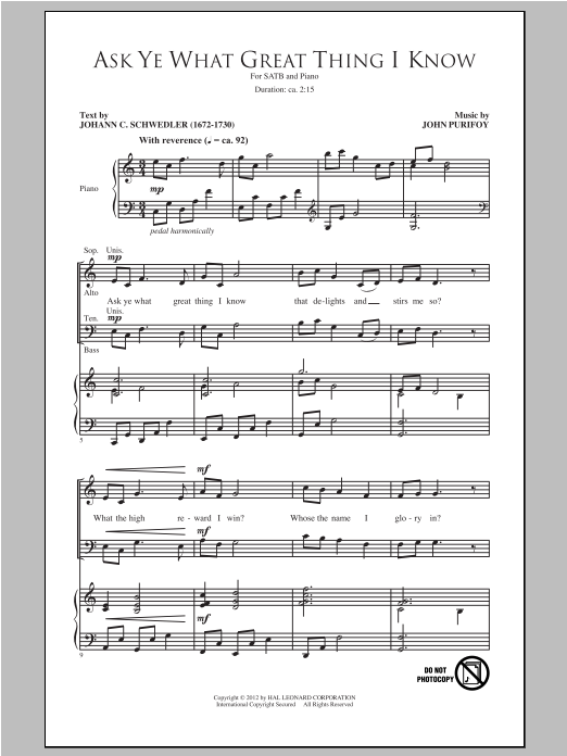 Download John Purifoy Ask Ye What Great Thing I Know Sheet Music and learn how to play SATB PDF digital score in minutes