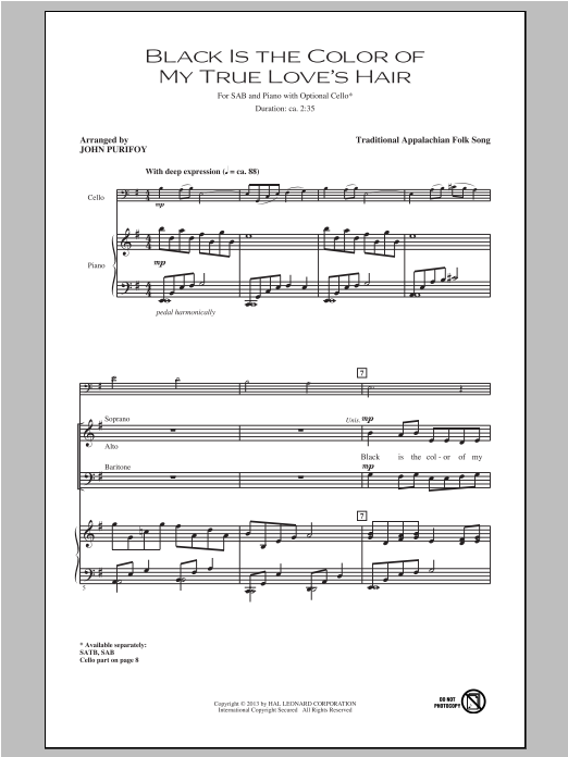 Download Traditional Black Is The Color of My True Love's Hair (arr. John Purifoy) Sheet Music and learn how to play SATB PDF digital score in minutes