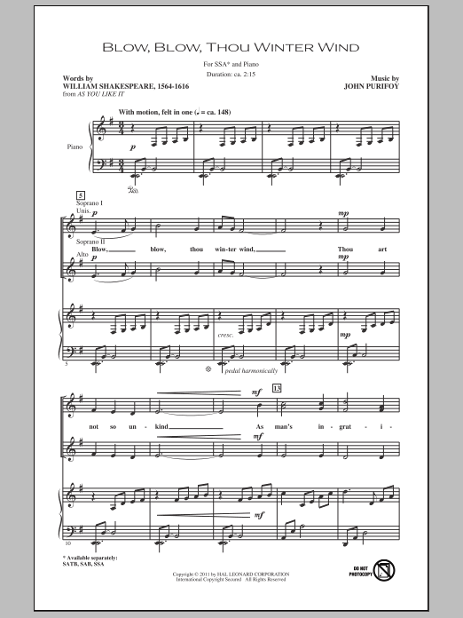 Download John Purifoy Blow, Blow, Thou Winter Wind Sheet Music and learn how to play SSA PDF digital score in minutes