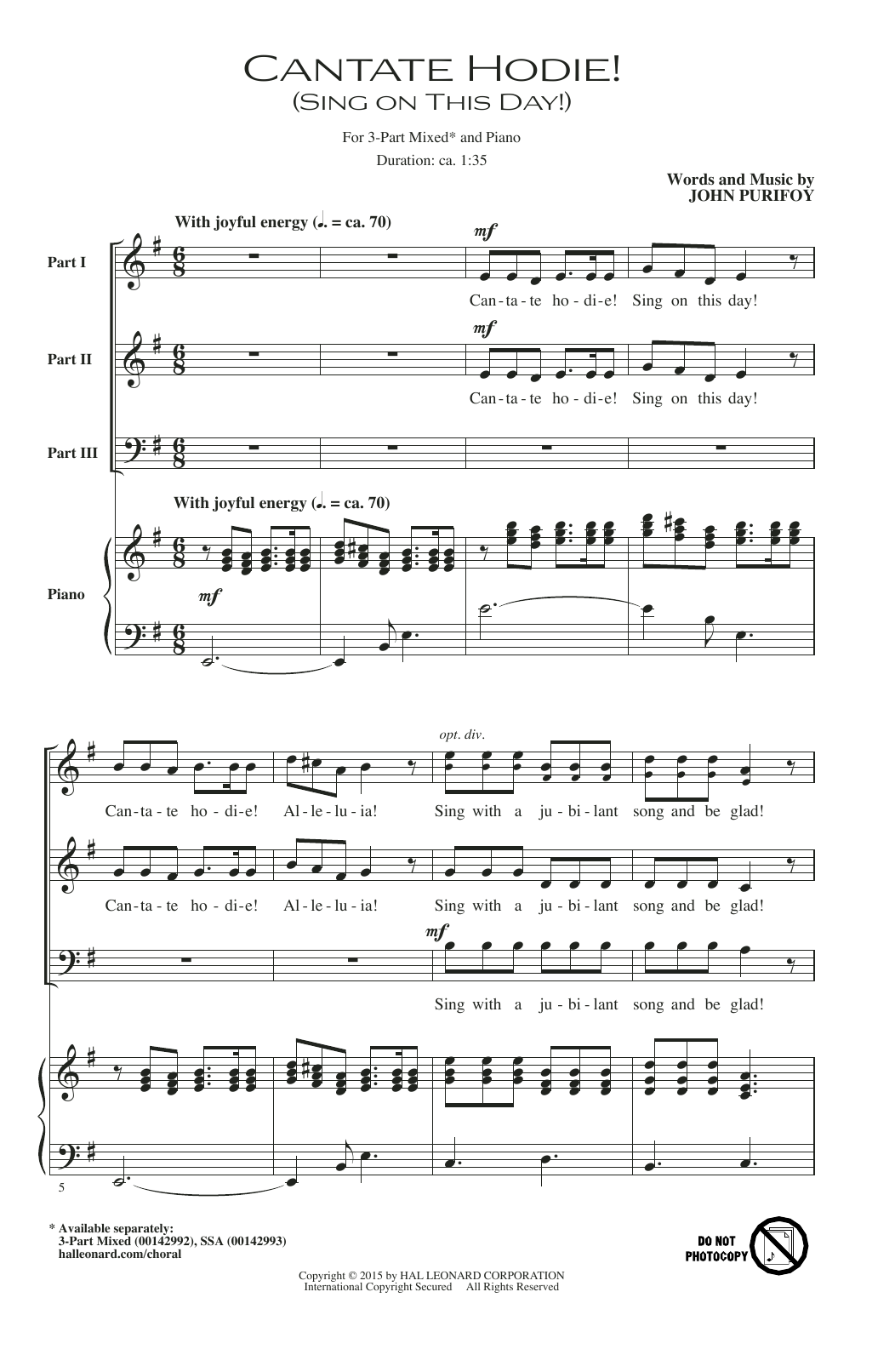 Download John Purifoy Cantate Hodie! (Sing On This Day) Sheet Music and learn how to play 3-Part Mixed PDF digital score in minutes