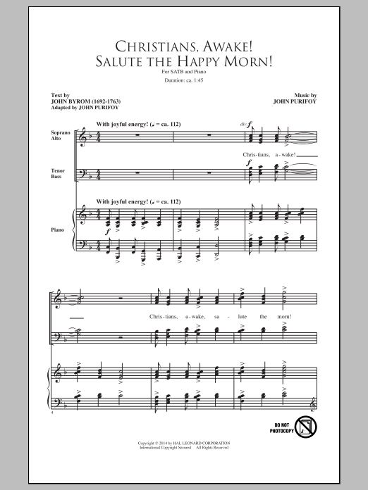 Download John Purifoy Christians, Awake! Salute The Happy Morn Sheet Music and learn how to play SATB PDF digital score in minutes
