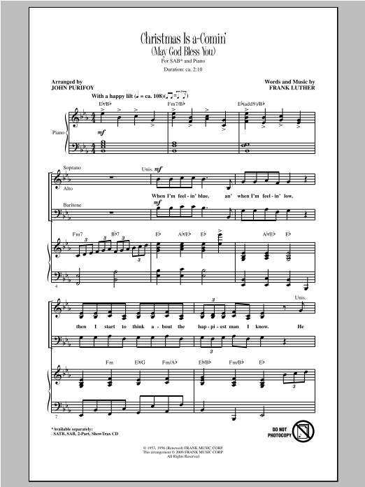 Download John Purifoy Christmas Is A-Comin' (May God Bless You) Sheet Music and learn how to play SAB PDF digital score in minutes