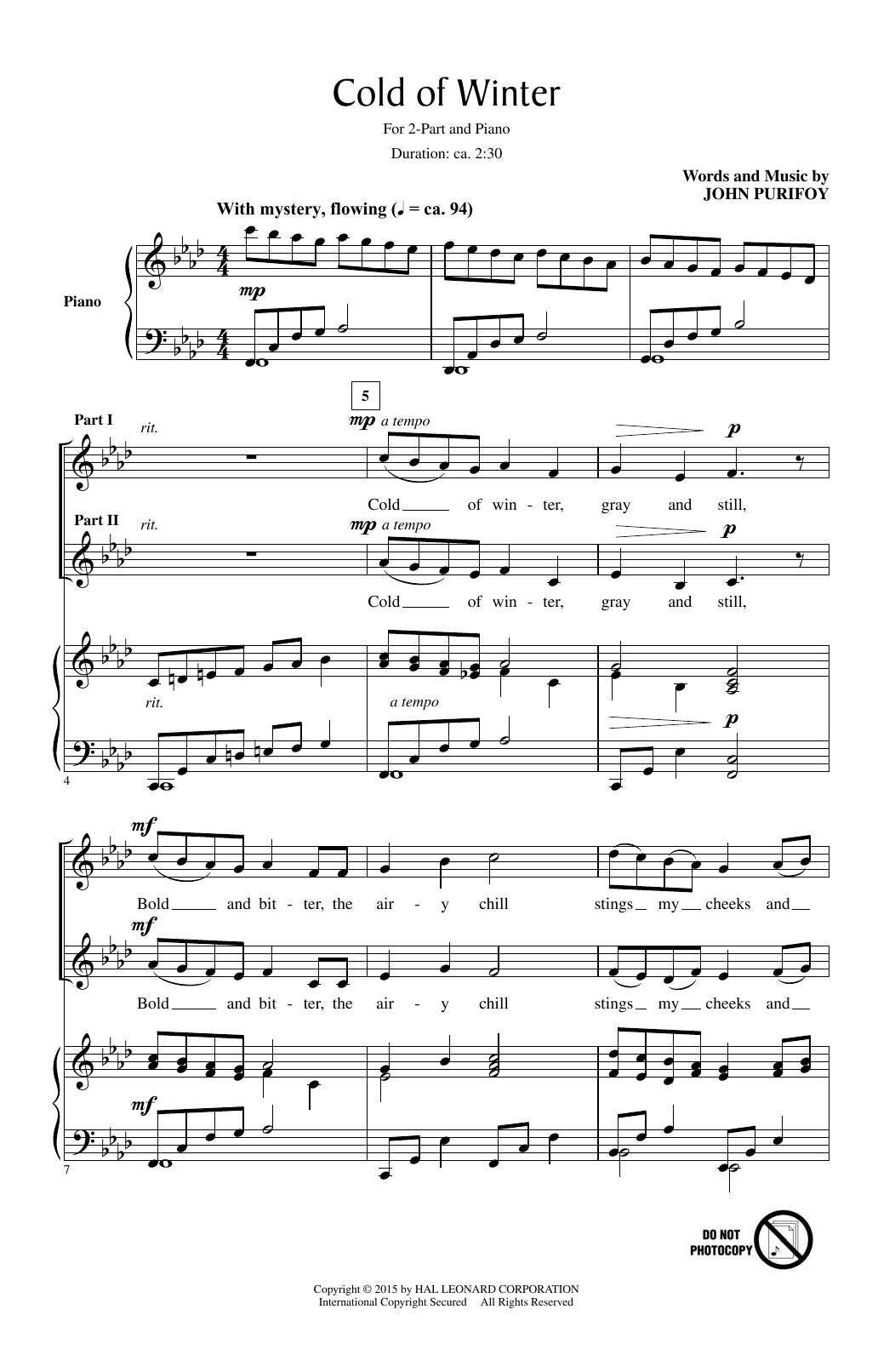 Download John Purifoy Cold Of Winter Sheet Music and learn how to play 2-Part Choir PDF digital score in minutes