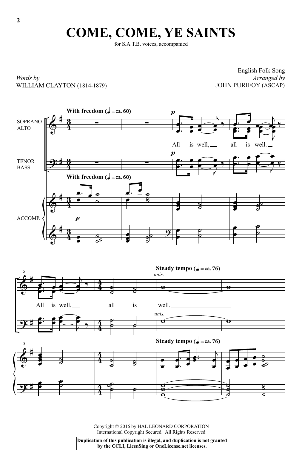 Download Traditional English Folksong Come, Come, Ye Saints (arr. John Purifoy) Sheet Music and learn how to play SATB PDF digital score in minutes