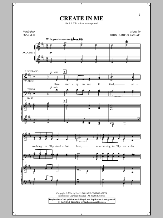 Download John Purifoy Create In Me Sheet Music and learn how to play SATB PDF digital score in minutes