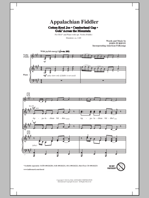 Download John Purifoy Appalachian Fiddler (Medley) Sheet Music and learn how to play SAB PDF digital score in minutes