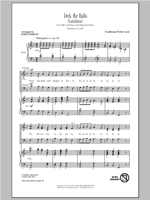 Download Traditional Carol Deck The Halls (arr. John Purifoy) Sheet Music and learn how to play SAB PDF digital score in minutes