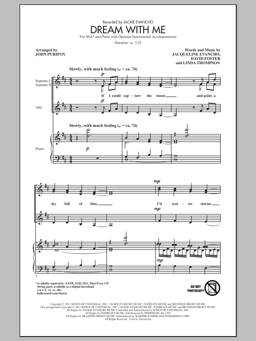 Download Jackie Evancho Dream With Me (arr. John Purifoy) Sheet Music and learn how to play SSA PDF digital score in minutes