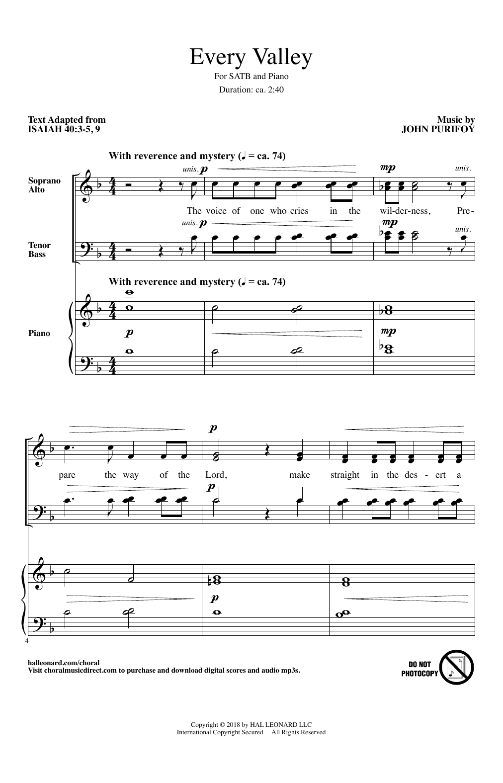 Download John Purifoy Every Valley Sheet Music and learn how to play SATB PDF digital score in minutes